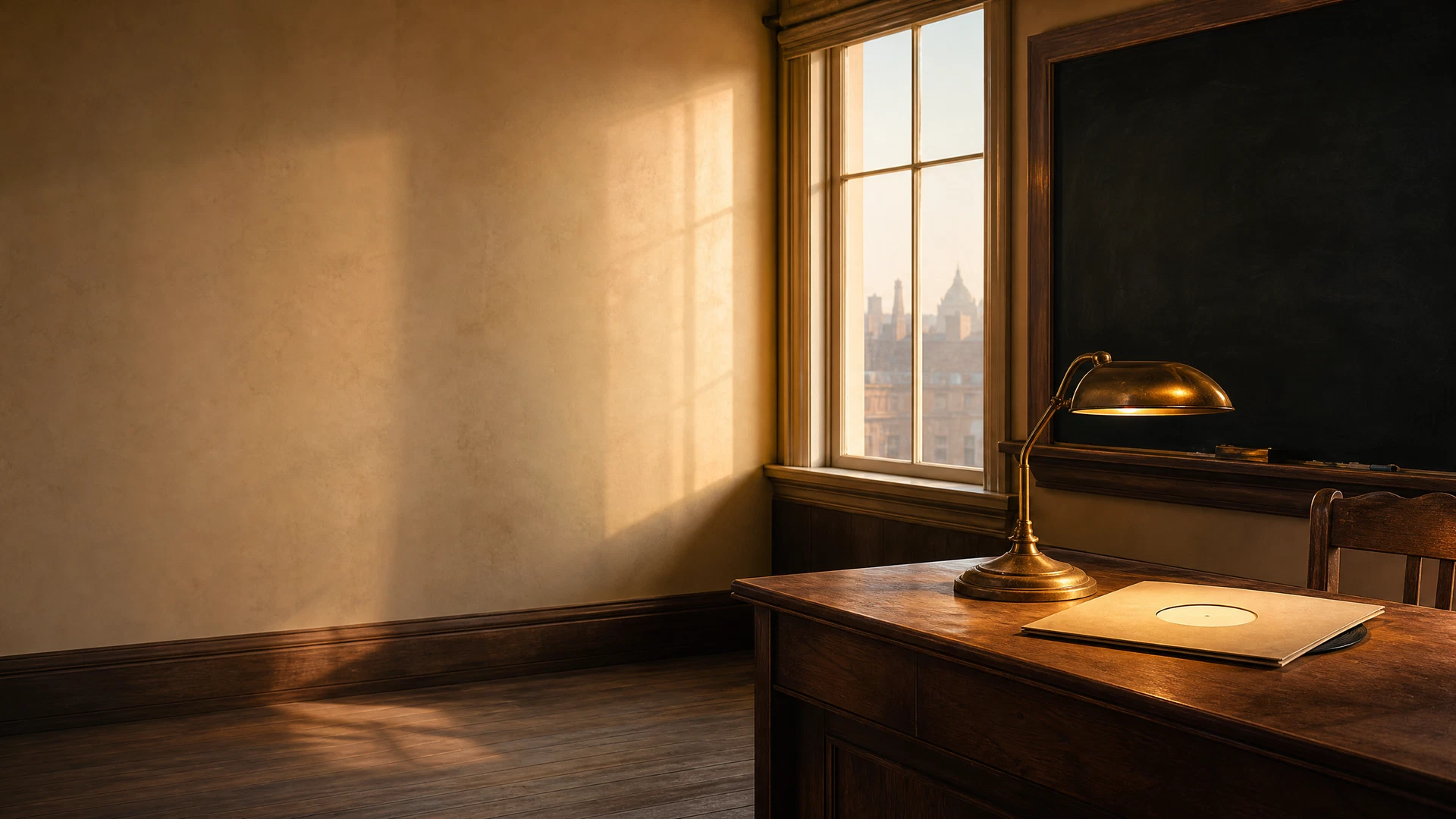 An empty dawn classroom with a brass desk lamp and a warmly lit desk